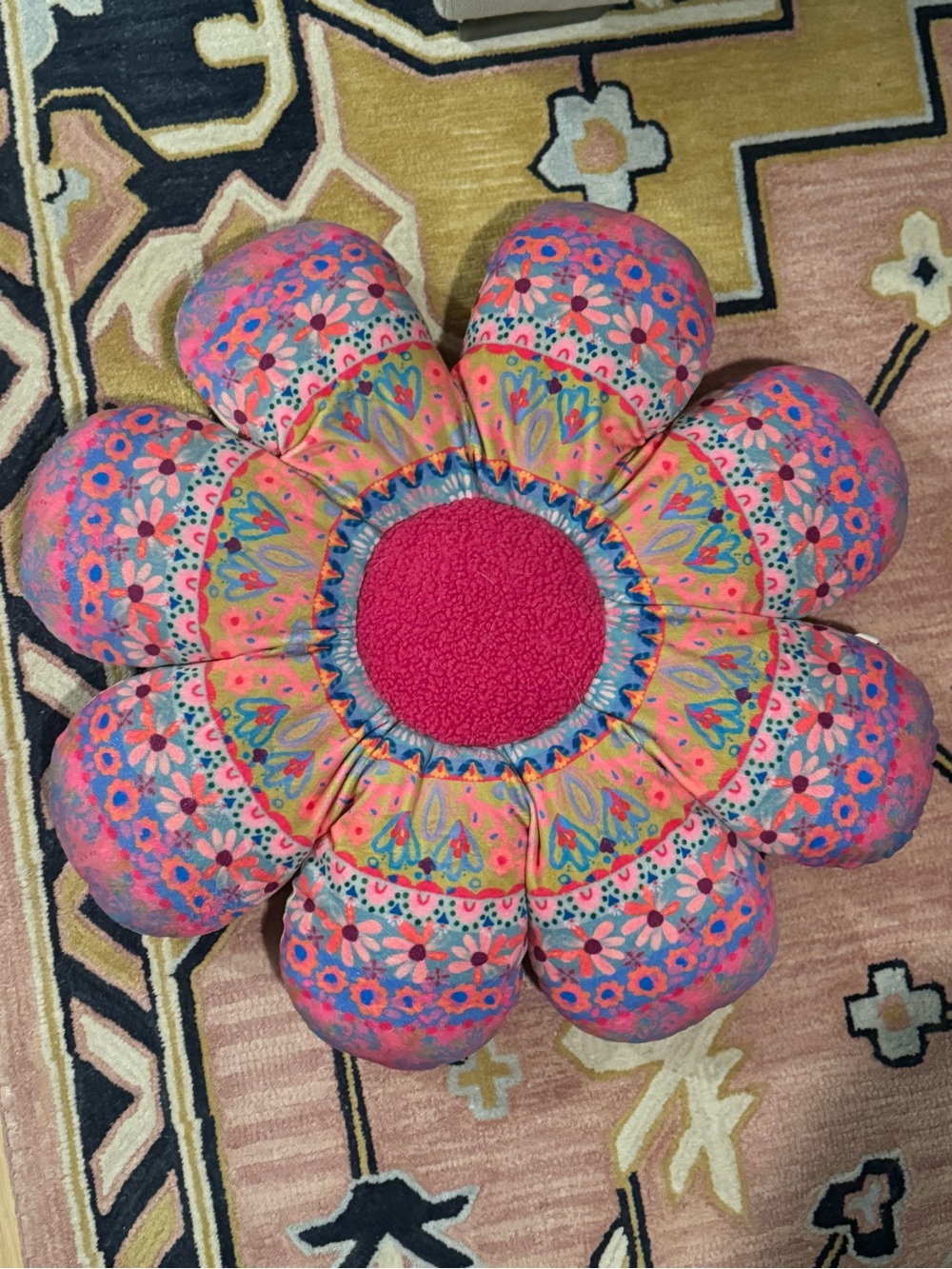 Natural Life ~ Floral Petal Floor patchwork, Pillow - Pink Multicolor 24” - Picture 3 of 9